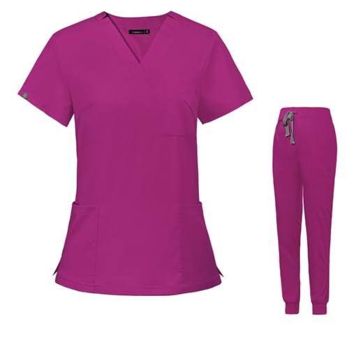 Meichoon Scrubs für Frauen Set Medizinische Uniformen V-Ausschnitt Stretch Kurzarm Oberteil mit 3 Taschen Tapered Yoga Jogger Hose Elastischer Bund DK09 Rose X-Small von Meichoon