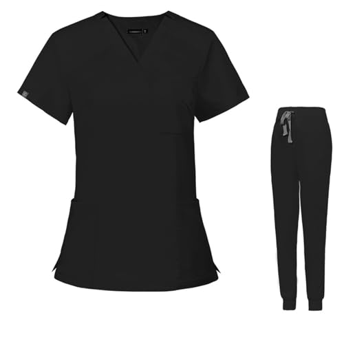 Meichoon Scrubs für Frauen Set Medizinische Uniformen V-Ausschnitt Stretch Kurzarm Oberteil mit 3 Taschen Tapered Yoga Jogger Hose Elastischer Bund DK09 Schwarz X-Small von Meichoon