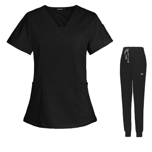 Meichoon Scrubs für Frauen Set Sweet V-Neck Top mit 3 Taschen Stretch Yoga Jogging Hose Soft Moisture Wicking DK08 Black X-Small von Meichoon