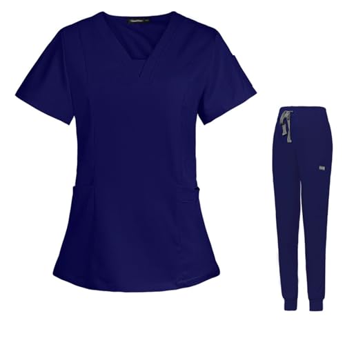 Meichoon Scrubs für Frauen Set Sweet V-Neck Top mit 3 Taschen Stretch Yoga Jogging Hose Soft Moisture Wicking DK08 Blau X-Small von Meichoon
