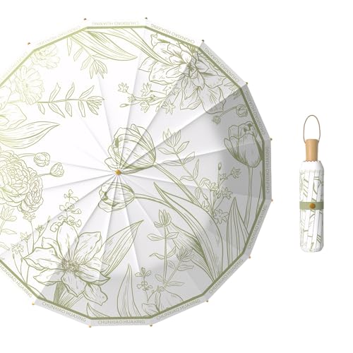 Meichoon UPF50+ Regenschirm UV-Schutz 16 Rippen Tragbarer leichter wasserdichter Sonnenschirm Verbessertes winddichtes Design Retro Klassische Blume Vintage-Stil für Frauen Reisen & Alltag von Meichoon