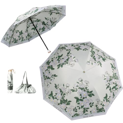Meichoon UPF50+ Regenschirm mit einer Handtasche UV-Schutz Tragbarer leichter wasserdichter Doppelschicht-Sonnenschutz Verbessertes winddichtes Retro Klassische Blume Vintage-Stil für Frauen Reisen von Meichoon