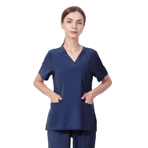 Meichoon V-Ausschnitt Scrubs Top für Frauen Ärmel Slim Fit mit 2 Taschen Weich und dehnbar Quick Dry Krankenschwester Uniform DK56Navy Blau L von Meichoon