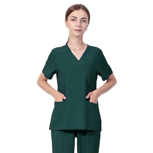 Meichoon V-Ausschnitt Scrubs Top für Frauen Ärmel Slim Fit mit 2 Taschen Weich und dehnbar Schnell trocken Krankenschwester Uniform DK56Dunkelgrün L von Meichoon