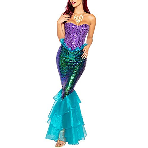 Frauen Halloween Meerjungfrau Kostüm Neckholder Pailletten Fischschwanz Langer Rock Sheer Mesh Fancy Mermaid Cosplay Kleid (Blue, S) von Meicywybb