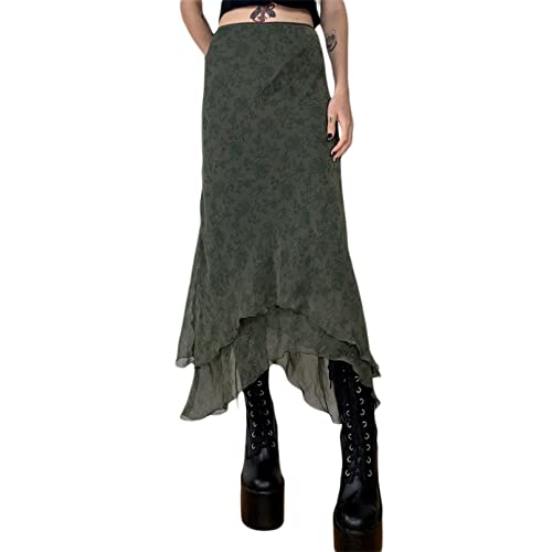 Frauen Y2K Fairycore Midirock Blumendruck A Line Swing Langer Rock 90er Jahre Vintage Grunge Boho Rüschensaum Streetwear (Dark Green, Small) von Meicywybb