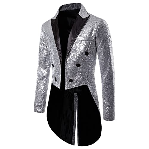 Herren Glänzende Pailletten Smoking Jacke Anzug Funkelnde Frack Blazer Langarm Revers Glitzer Strickjacke für Party (Silver, Medium) von Meicywybb