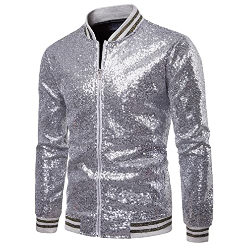 Herren Metallic Pailletten Jacke Reißverschluss Varsity Baseball Bomber Shacket Mantel for Nachtclub Party Disco Glänzende (Silver, Medium) von Meicywybb