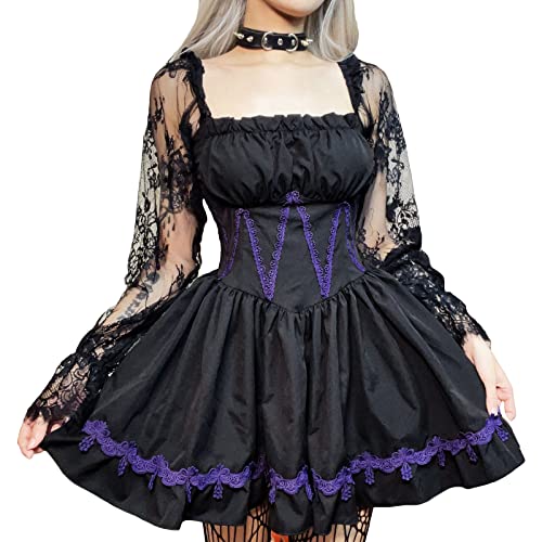 Meicywybb Frauen Gothic Lolita Minikleid Spitze Patchwork Langarm Schwarz Fairy Grunge Punk Kurzes Kleid Dunkelheit Party Clubwear (Black, L) von Meicywybb