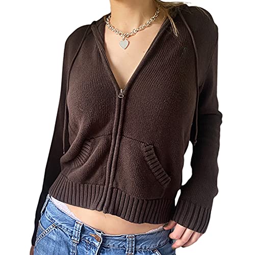 Meicywybb Frauen Zip Up Langarm Y2k Hoodies Retro Ästhetische Herbst Übergroße Kapuzenpullover Pullover Kordelzug Sweatshirt Jacken (B-Knitted Brown, S) von Meicywybb