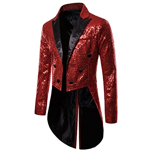 Meicywybb Herren Glänzende Pailletten Smoking Jacke Anzug Funkelnde Frack Blazer Langarm Revers Glitzer Strickjacke für Party (Red, Large) von Meicywybb