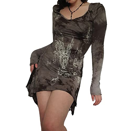 Meicywybb Y2k Vintage Kleid für Frauen Langarm Grafik Print Minikleider Fairycore Grunge Short Gothic Aesthetic Streetwear (Brown#1, Large) von Meicywybb