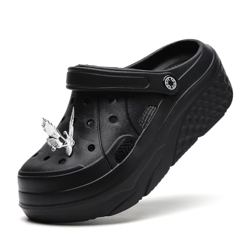 Gartenclogs Damen Gartenschuhe - Frauen Leicht Plattform Clogs Slipper Sandalen mit abnehmbaren Schmetterling Charms Schwarz38 von Meidiastra