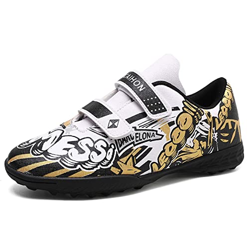 Kinder Fußballschuhe Jungen Mädchen Fußballtraining Turf Cleat Sneakers Klettverschlüsse Fussballschuhe Leicht Trainingsschuhe Rutschfest Walkingschuhe Sportschuhe für Unisex Schwarz Gold 34 von Meidiastra