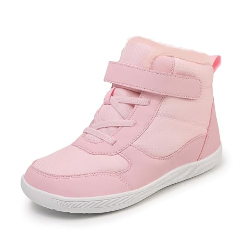 Kinder Winter Barfußschuhe Junge Mädchen Leicht Bequem rutschfest Winterschuhe mit Warm Gefüttert Outdoor Breite Barfuß Hausschuhe Barefoot Shoes Hight Top Rosa EU33 von Meidiastra