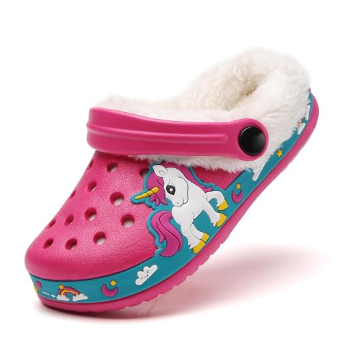 Meidiastra Kinder Einhorn Clogs Jungen Mädchen Winter Warme Gefüttert Pantoletten Hausschuhe Licht rutschfeste Plüsch Pantoffeln Gartenschuhe Rot27 von Meidiastra