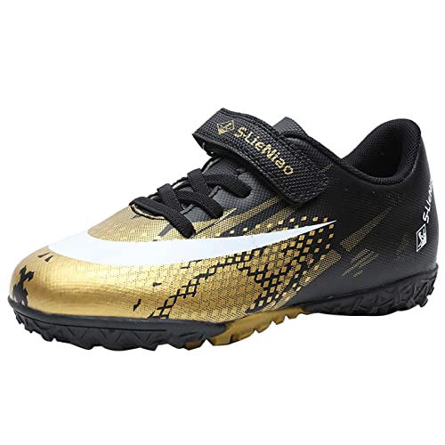 Meidiastra Kinder Fußballschuhe Jungen Leichte Fußballschuhe Mädchen rutschfeste Training Turf Schuhe Sportschuhe Unisex Klettverschluss Lace Up Walking Schuhe Sportschuhe für Outdoor Schwarz Gold 32 von Meidiastra