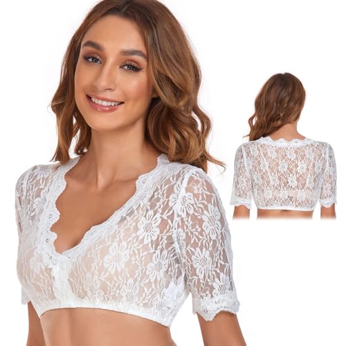 Meifiyu Dirndlbluse Spitze,Dirndlblusen Damen,Dirndlbluse V Ausschnitt,Dirndl Bluse Damen Kurzarm,Weiße Spitze, Vielseitiges Kleines Weißes Hemd,Halbärmeliges, Traditionelles Kleidungs-Elegantes Hemd von Meifiyu
