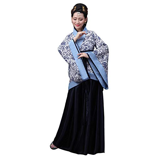 Meijunter Damen Chinesischer Stil Hanfu Tang Anzug Retro Traditionell Lange Ärmel Performance Tanzkleid Kostüm (Blau Schwarz,54) von Meijunter