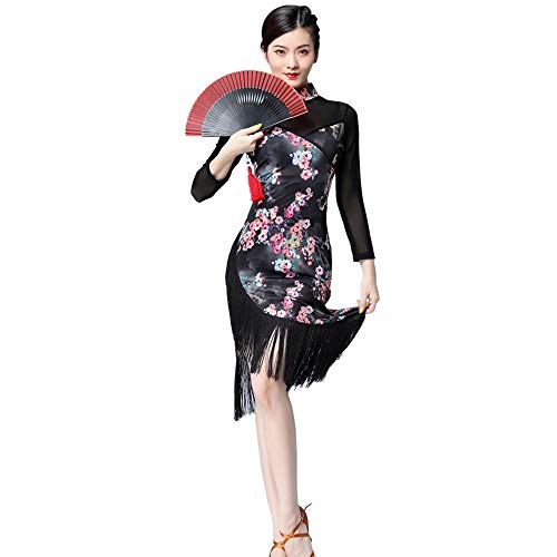 Meijunter Damen Tanzkleid, Quaste Teilt Perspektive Tanzkleidung Latein Tango Cha Cha Kostüm Wettbewerb Performance Qipao Kleid von Meijunter