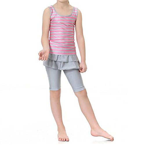 Meijunter Muslim islamisch Mädchen 2-Stück Malaysia Streifen Ärmellos Sommer Badeanzug Beachwear Araber Middle East Burkini Bademode Bathing Suit Für Kinder (Farbe:Rosa,Größe:XL) von Meijunter