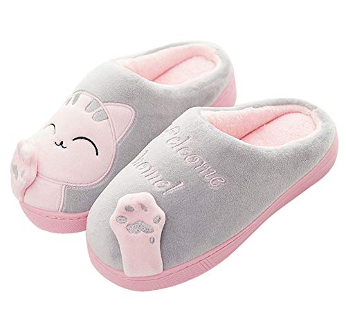 Meik Mangni Damen Hausschuhe Winter Herren Katze Pantoffeln Warme Plüsch Baumwolle Hausschuhe Frauen Bequeme rutschfeste Home Slippers,Grau,Gr.36/37 von Meik Mangni