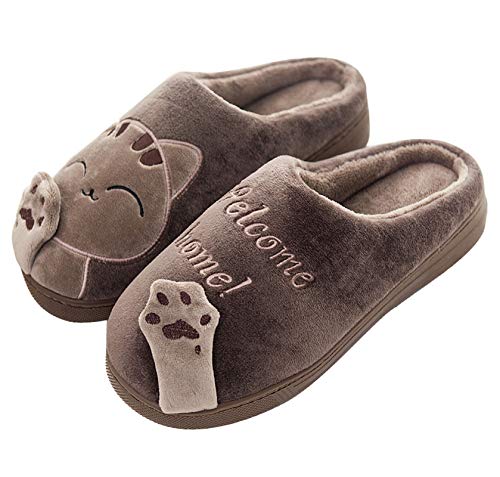 Meik Mangni Damen Hausschuhe Winter Herren Katze Pantoffeln Warme Plüsch Baumwolle Hausschuhe Frauen Bequeme rutschfeste Home Slippers,Kaffeefarbe,Gr.42/43 von Meik Mangni