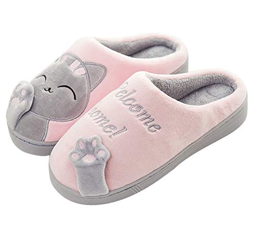 Meik Mangni Damen Hausschuhe Winter Herren Katze Pantoffeln Warme Plüsch Baumwolle Hausschuhe Frauen Bequeme rutschfeste Home Slippers,Rosa,Gr.38/39 von Meik Mangni