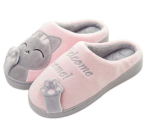Meik Mangni Damen Hausschuhe Winter Herren Katze Pantoffeln Warme Plüsch Baumwolle Hausschuhe Frauen Bequeme Rutschfeste Home Slippers,Rosa,Gr.39/40 EU=Schuhsohlengröße:40/41 von Meik Mangni