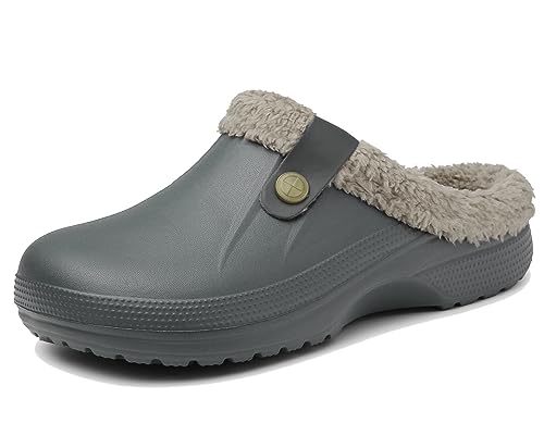 Meik Mangni Clogs Gefüttert Damen Herren Winter Gartenclogs mit Fell Warm Hausschuhe Frauen Geschlossen Pantoffeln rutschfeste Plüsch Pantoletten,Grau Gr.35-36 EU von Meik Mangni