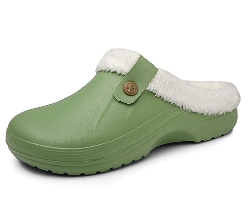 Meik Mangni Clogs Gefüttert Damen Herren Winter Gartenclogs mit Fell Warm Hausschuhe Frauen Geschlossen Pantoffeln rutschfeste Plüsch Pantoletten,Grün Gr.35-36 EU von Meik Mangni