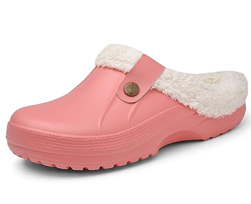 Meik Mangni Clogs Gefüttert Damen Herren Winter Gartenclogs mit Fell Warm Hausschuhe Frauen Geschlossen Pantoffeln rutschfeste Plüsch Pantoletten,Rosa Gr.35-36 EU von Meik Mangni