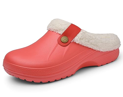 Meik Mangni Clogs Gefüttert Damen Herren Winter Gartenclogs mit Fell Warm Hausschuhe Frauen Geschlossen Pantoffeln rutschfeste Plüsch Pantoletten,Rot Gr.35-36 EU von Meik Mangni