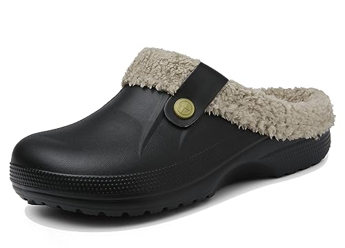 Meik Mangni Clogs Gefüttert Damen Herren Winter Gartenclogs mit Fell Warm Hausschuhe Frauen Geschlossen Pantoffeln rutschfeste Plüsch Pantoletten,Schwarz grau Gr.35-36 EU von Meik Mangni