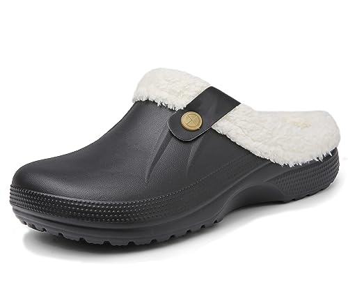 Meik Mangni Clogs Gefüttert Damen Herren Winter Gartenclogs mit Fell Warm Hausschuhe Frauen Geschlossen Pantoffeln rutschfeste Plüsch Pantoletten,Schwarz weiß Gr.37-38 EU von Meik Mangni