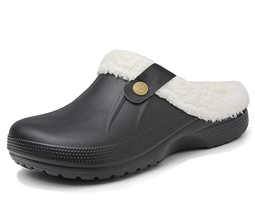 Meik Mangni Clogs Gefüttert Damen Herren Winter Gartenclogs mit Fell Warm Hausschuhe Frauen Geschlossen Pantoffeln rutschfeste Plüsch Pantoletten,Schwarz weiß Gr.43-44 EU von Meik Mangni