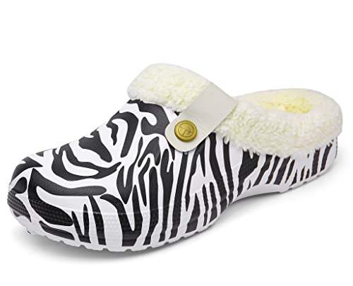 Meik Mangni Clogs Gefüttert Damen Herren Winter Gartenclogs mit Fell Warm Hausschuhe Frauen Geschlossen Pantoffeln rutschfeste Plüsch Pantoletten,Zebra-Stripe Gr.37-38 EU von Meik Mangni