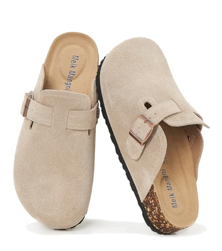 Meik Mangni Wildleder Clogs für Damen Herren Komfort Kartoffel Schuhe mit Arch Support Frauen aus Leder rutschfest Pantoletten mit Weiches Kork Fußbett,Beige,Gr.45 EU von Meik Mangni