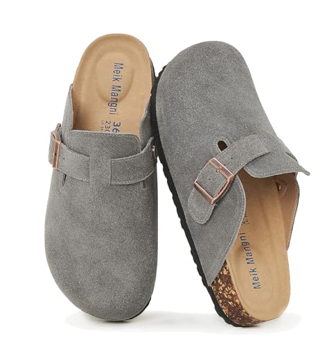 Meik Mangni Wildleder Clogs für Damen Herren Komfort Kartoffel Schuhe mit Arch Support Frauen aus Leder rutschfest Pantoletten mit Weiches Kork Fußbett,Grau,Gr.45 EU von Meik Mangni