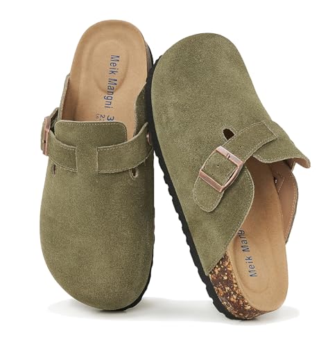 Meik Mangni Wildleder Clogs für Damen Herren Komfort Kartoffel Schuhe mit Arch Support Frauen aus Leder rutschfest Pantoletten mit Weiches Kork Fußbett,Grün,Gr.45 EU von Meik Mangni