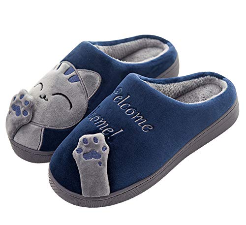 Meik Mangni Damen Hausschuhe Winter Herren Katze Pantoffeln Warme Plüsch Baumwolle Hausschuhe Frauen Bequeme Rutschfeste Home Slippers,Blau,Gr.41/42 EU=Schuhsohlengröße:42/43 von Meik Mangni