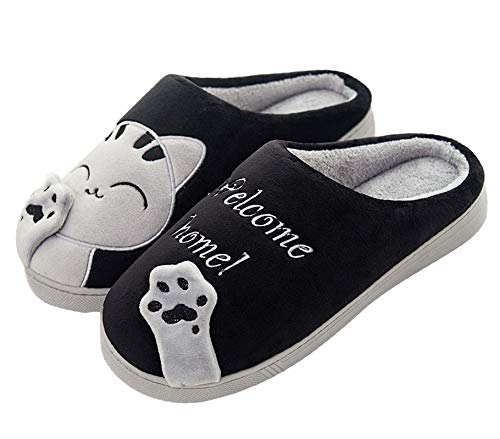 Meik Mangni Damen Hausschuhe Winter Herren Katze Pantoffeln Warme Plüsch Baumwolle Hausschuhe Frauen Bequeme Rutschfeste Home Slippers,Schwarz,Gr.39/40 EU=Schuhsohlengröße:40/41 von Meik Mangni