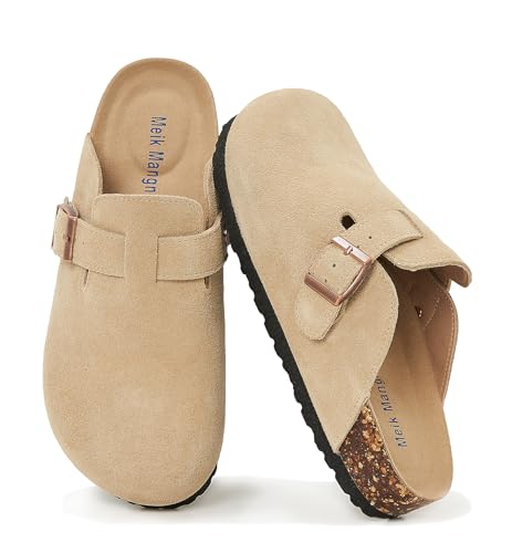 Meik Mangni Wildleder Clogs für Damen Herren Komfort Kartoffel Schuhe mit Arch Support Frauen aus Leder rutschfest Pantoletten mit Weiches Kork Fußbett,Khaki,Gr.46 EU von Meik Mangni