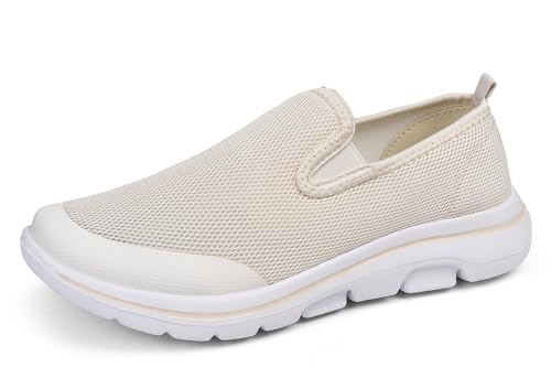 Meik Mangni Damen Slip On Sneaker Heren Atmungsaktiv Turnschuhe Leichte Freizeitschuhe Bequem Schlupfschuhe Casual Walkingschuhe Jogging Fitness,Beige Gr:39 EU=Sohlengröße 38EU von Meik Mangni