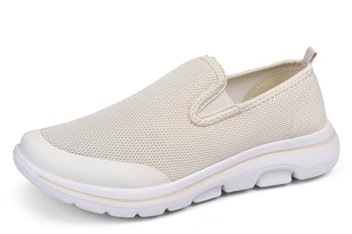 Meik Mangni Damen Slip On Sneaker Heren Atmungsaktiv Schlupfschuhe Bequem Walkingschuhe Leichte Turnschuhe Freizeitschuhe Outdoor,Beige,Gr.42 EU von Meik Mangni