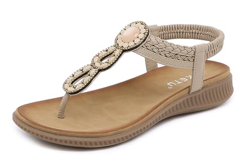 Meik Mangni Damen Sandalen Sommer Bohemian Flache Zehentrenner Strass Sandaletten Strand Schuhe Plattform Flip Flops A Beige Gr.36 von Meik Mangni