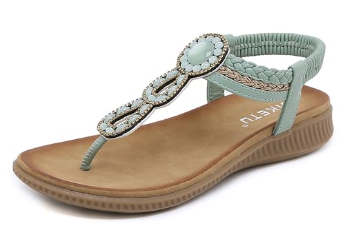 Meik Mangni Damen Sandalen Sommer Bohemian Flache Zehentrenner Strass Sandaletten Strand Schuhe Plattform Flip Flops A Grün Gr.36 von Meik Mangni