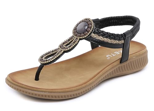 Meik Mangni Damen Sandalen Sommer Bohemian Flache Zehentrenner Strass Sandaletten Strand Schuhe Plattform Flip Flops A Schwarz Gr.38 von Meik Mangni