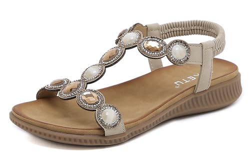 Meik Mangni Damen Sandalen Sommer Bohemian Flache Zehentrenner Strass Sandaletten Strand Schuhe Plattform Flip Flops B Beige Gr.42 von Meik Mangni