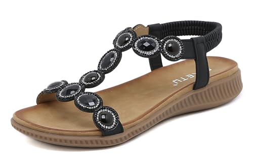 Meik Mangni Damen Sandalen Sommer Bohemian Flache Zehentrenner Strass Sandaletten Strand Schuhe Plattform Flip Flops B Schwarz Gr.40 von Meik Mangni